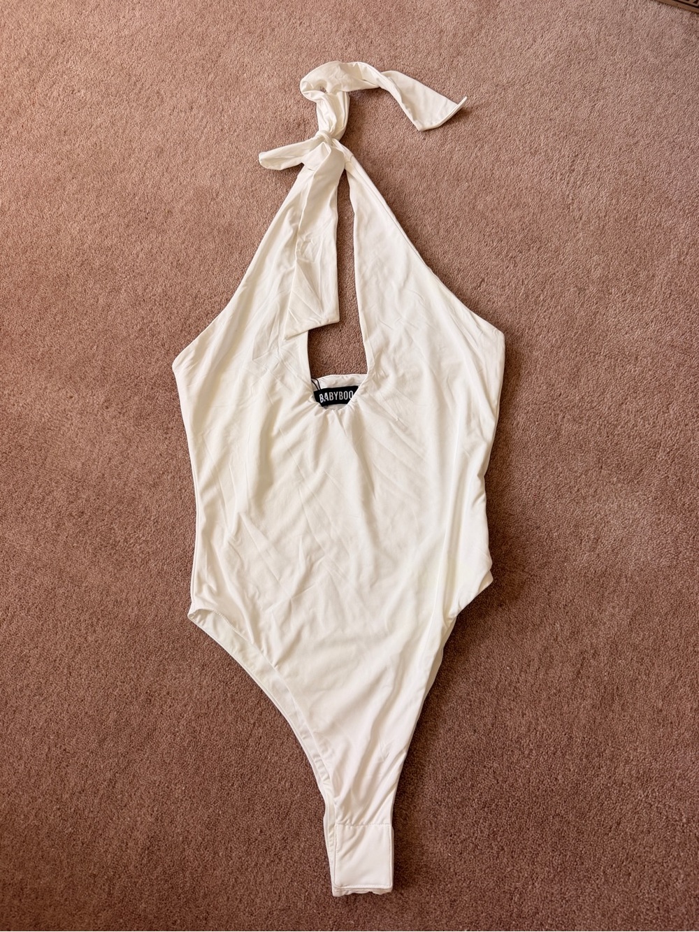Babyboo White Halter Bodysuit with Tie Neck